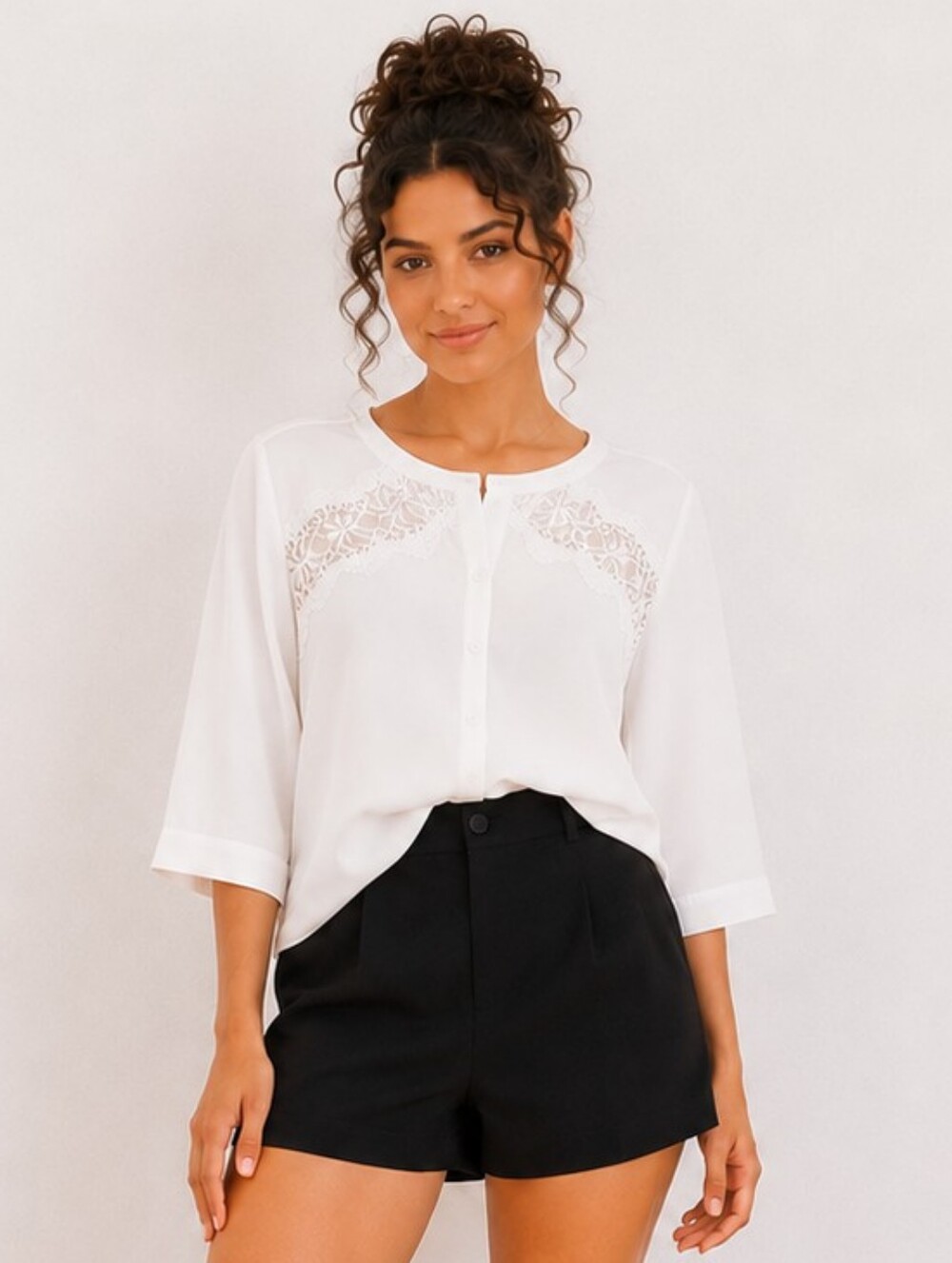 American Eagle White Lace Detail Pleated Back Henley Blouse 3/4 Sleeve M